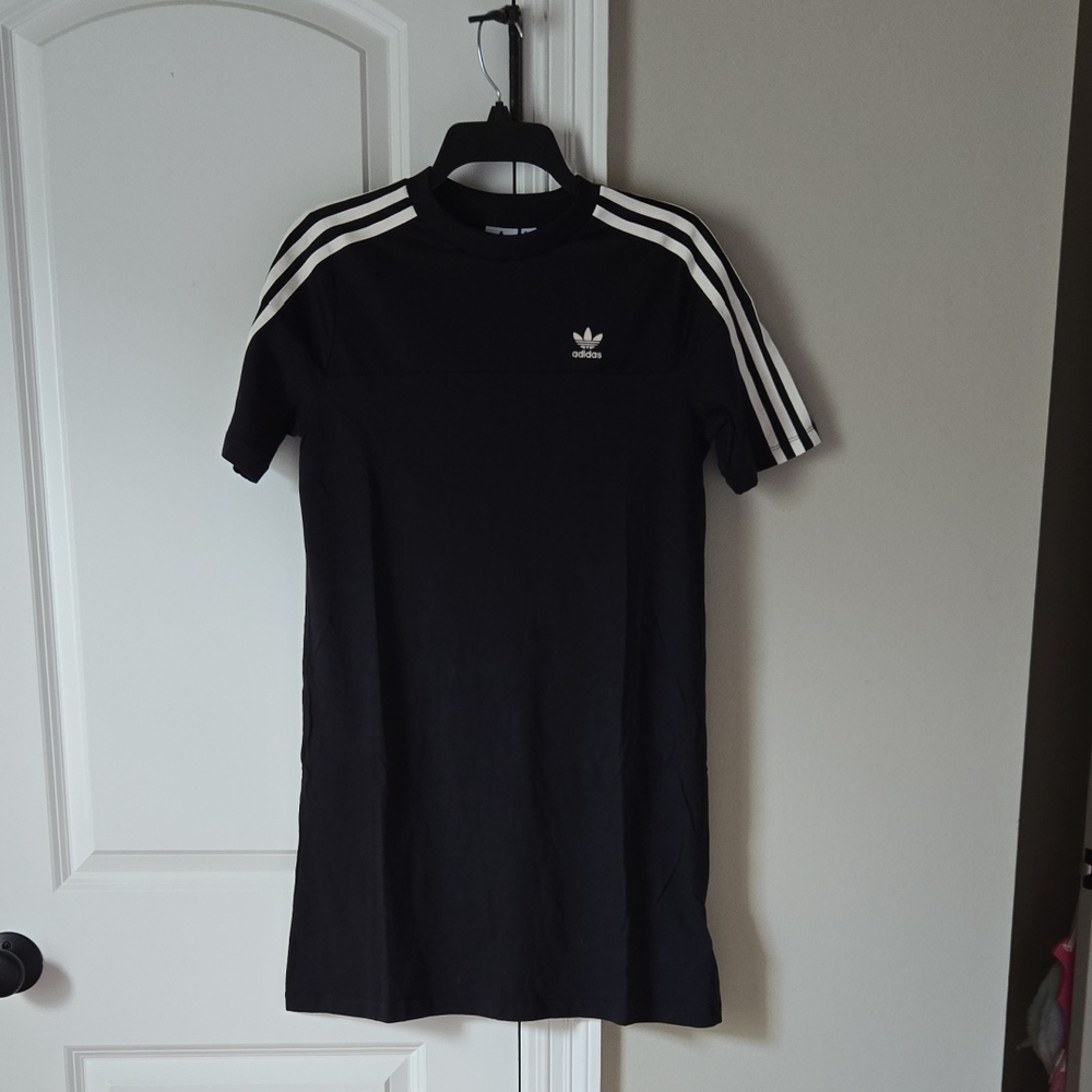 Adidas Black Tshirt Dress with White Shoulder Stripes and Mesh Detail Size Small
